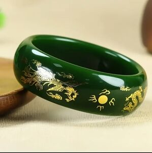 Classic Vintage Jade Green Wide & Thick Bungle with Dragons & Phoenix.